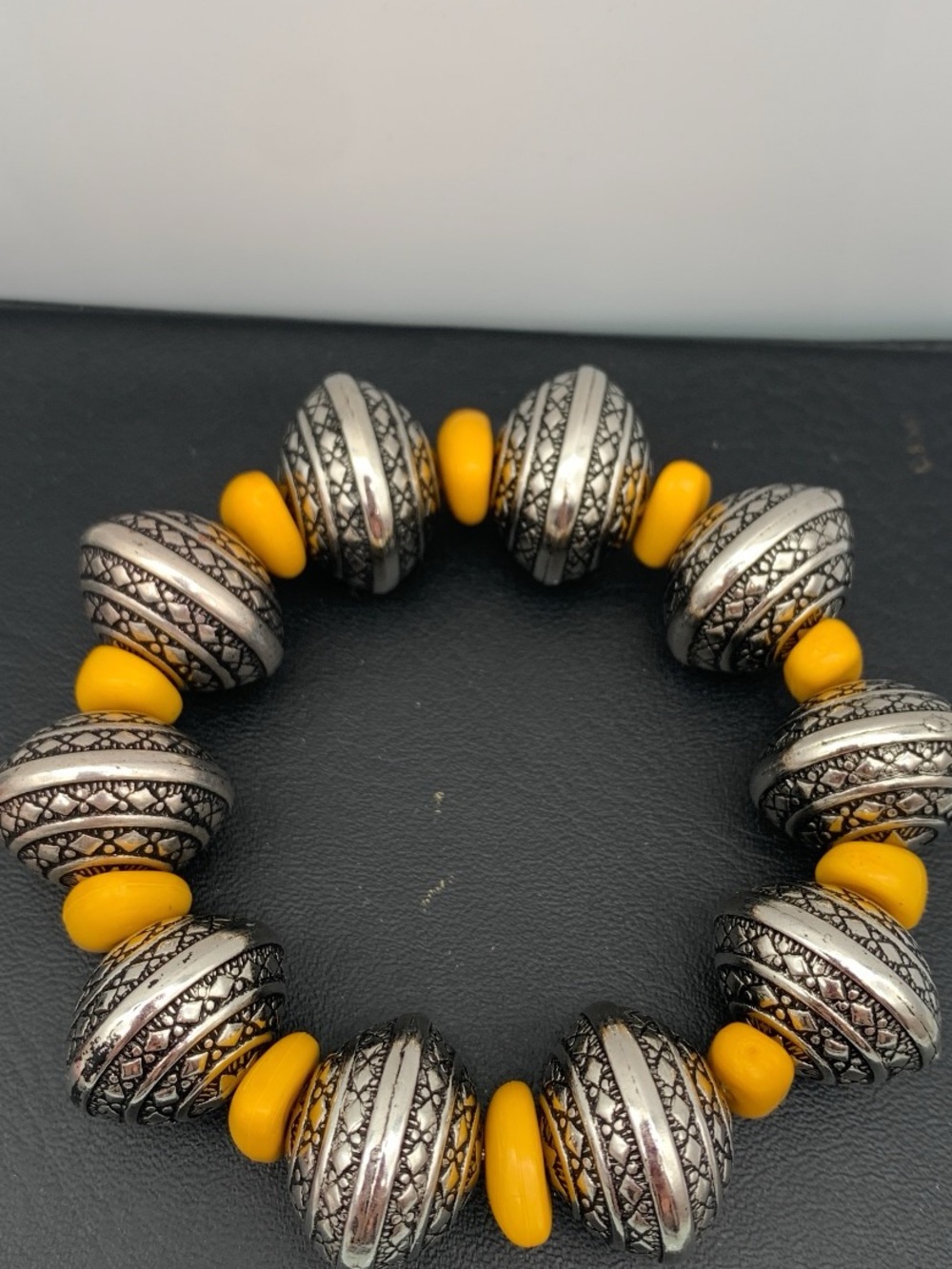 Chunky Mustard Yellow and Silver tone Beaded boho Stretch Bracelet - Women's